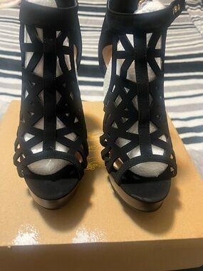 Black Laser-Cut Peep Toe Platform Heels